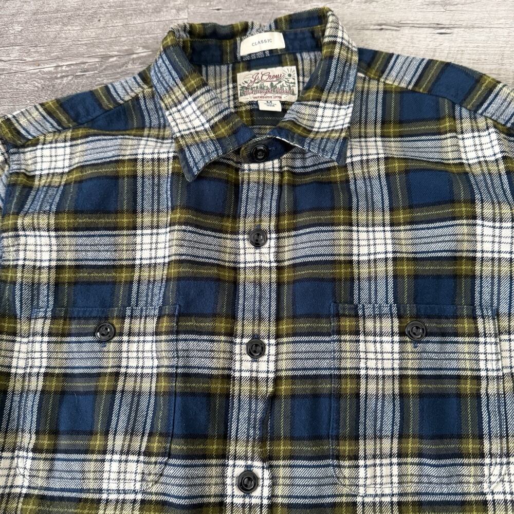 J. Crew Midweight Flannel Shirt Mens Medium Blue Green Plaid Classic Fit Cotton